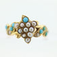 Victorian 10k Turquoise Cabochon and Pearl Seed Ring. 10k Victorian ornate Vine embossed bezel ring. st(115)