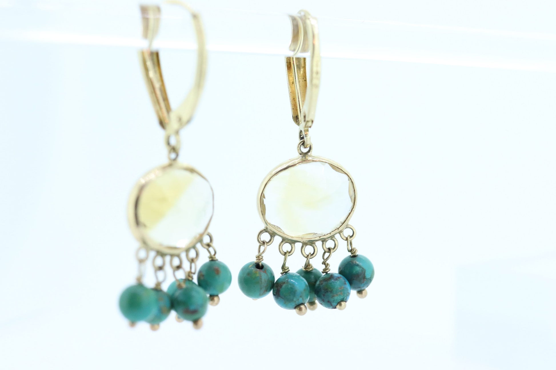 14k Turquoise Citrine dangle earrings Set. Turquoise Citrine Bezel Earrings. Yellow Gold Turquoise Earrings ST(110)