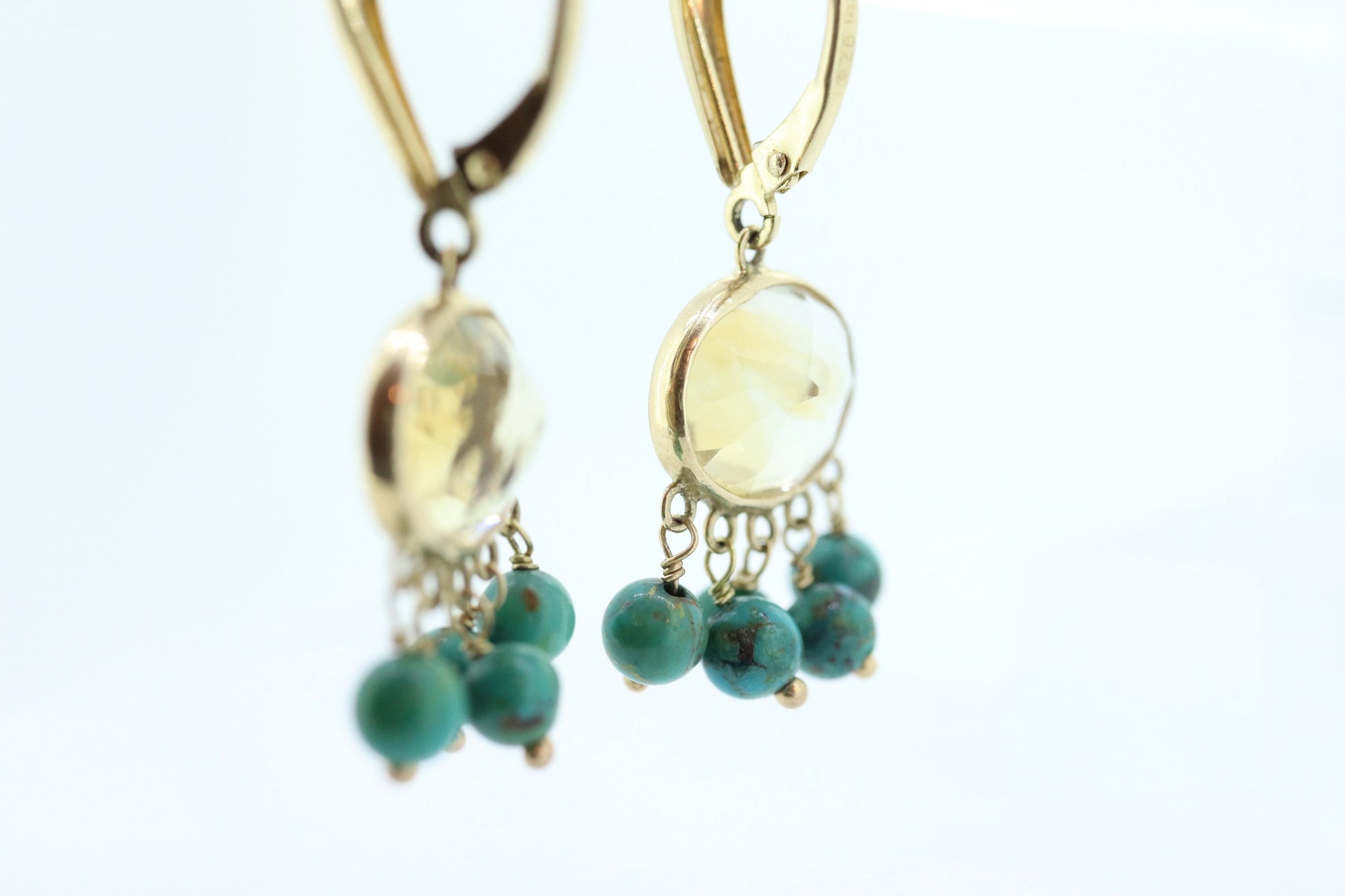 14k Turquoise Citrine dangle earrings Set. Turquoise Citrine Bezel Earrings. Yellow Gold Turquoise Earrings ST(110)