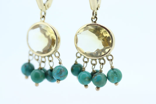 14k Turquoise Citrine dangle earrings Set. Turquoise Citrine Bezel Earrings. Yellow Gold Turquoise Earrings ST(110)