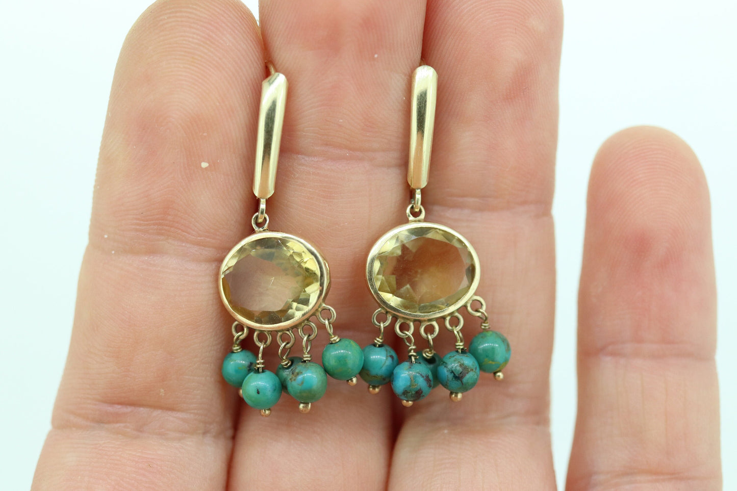 14k Turquoise Citrine dangle earrings Set. Turquoise Citrine Bezel Earrings. Yellow Gold Turquoise Earrings ST(110)