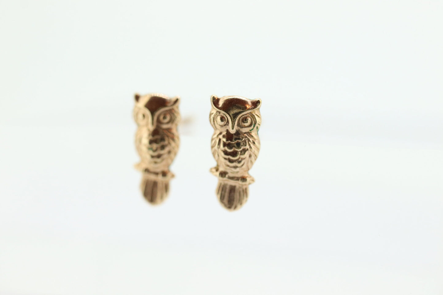 14k Owl Earrings. 3D Wise OWL Earrings. 14k Yellow Gold Dainty Owl small earrings. st(70)