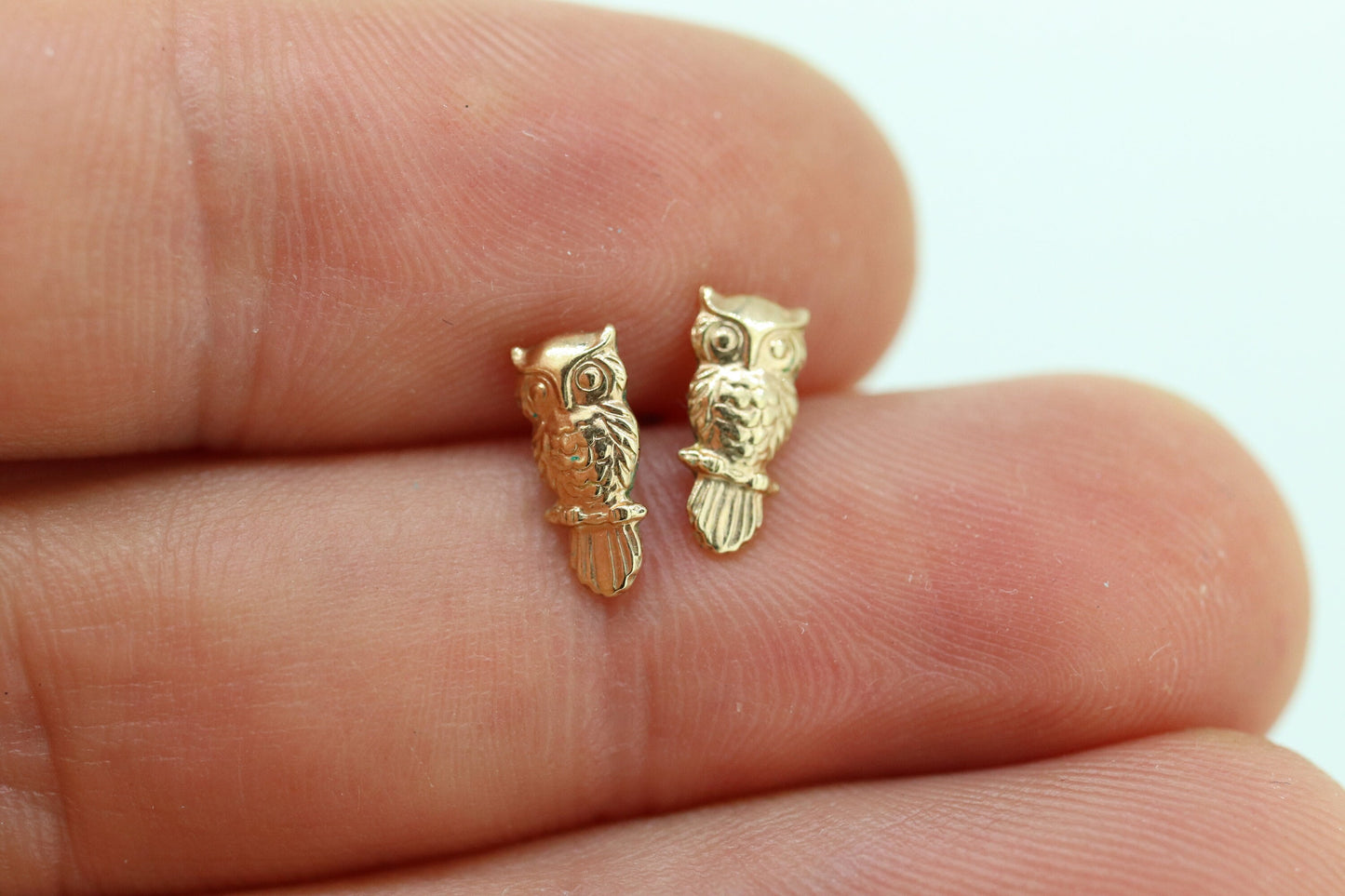 14k Owl Earrings. 3D Wise OWL Earrings. 14k Yellow Gold Dainty Owl small earrings. st(70)