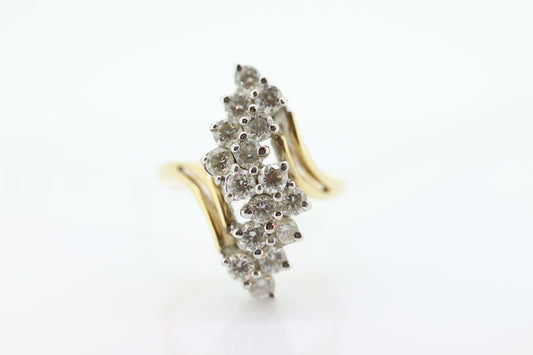 14k Yellow Gold Ring. Round Diamond Cluster Ring. Waterfall diamond. 0.96ctw diamonds st546