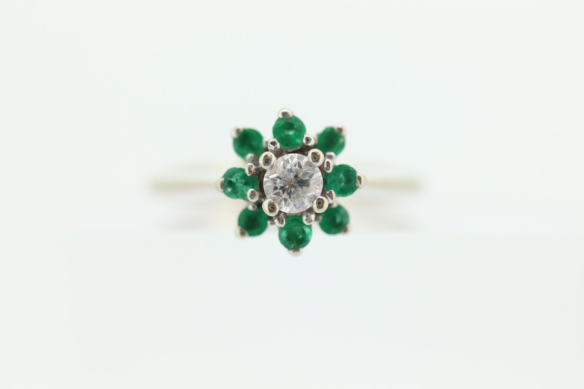 14k Emerald and Diamond Halo White gold ring. Emerald and Diamond Cluster ring. Pinkie sz 2.5 st88