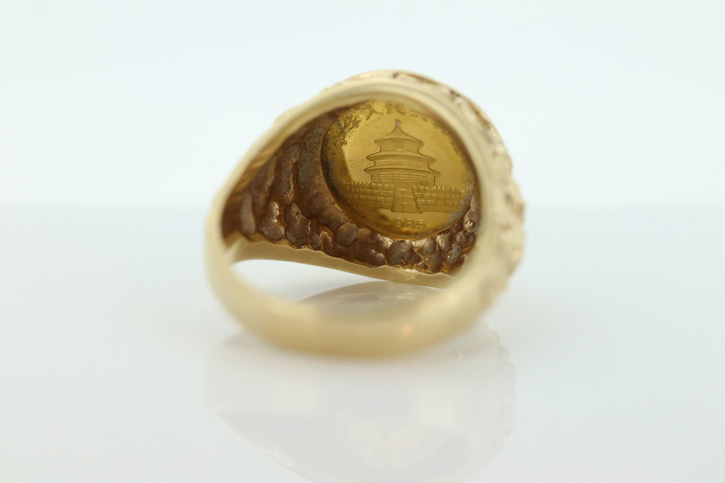 14k Gold BAMBOO ring with a 1985 Panda 1/20 999 Fine 24k Gold Coin Bamboo bezel set. st(414/11)