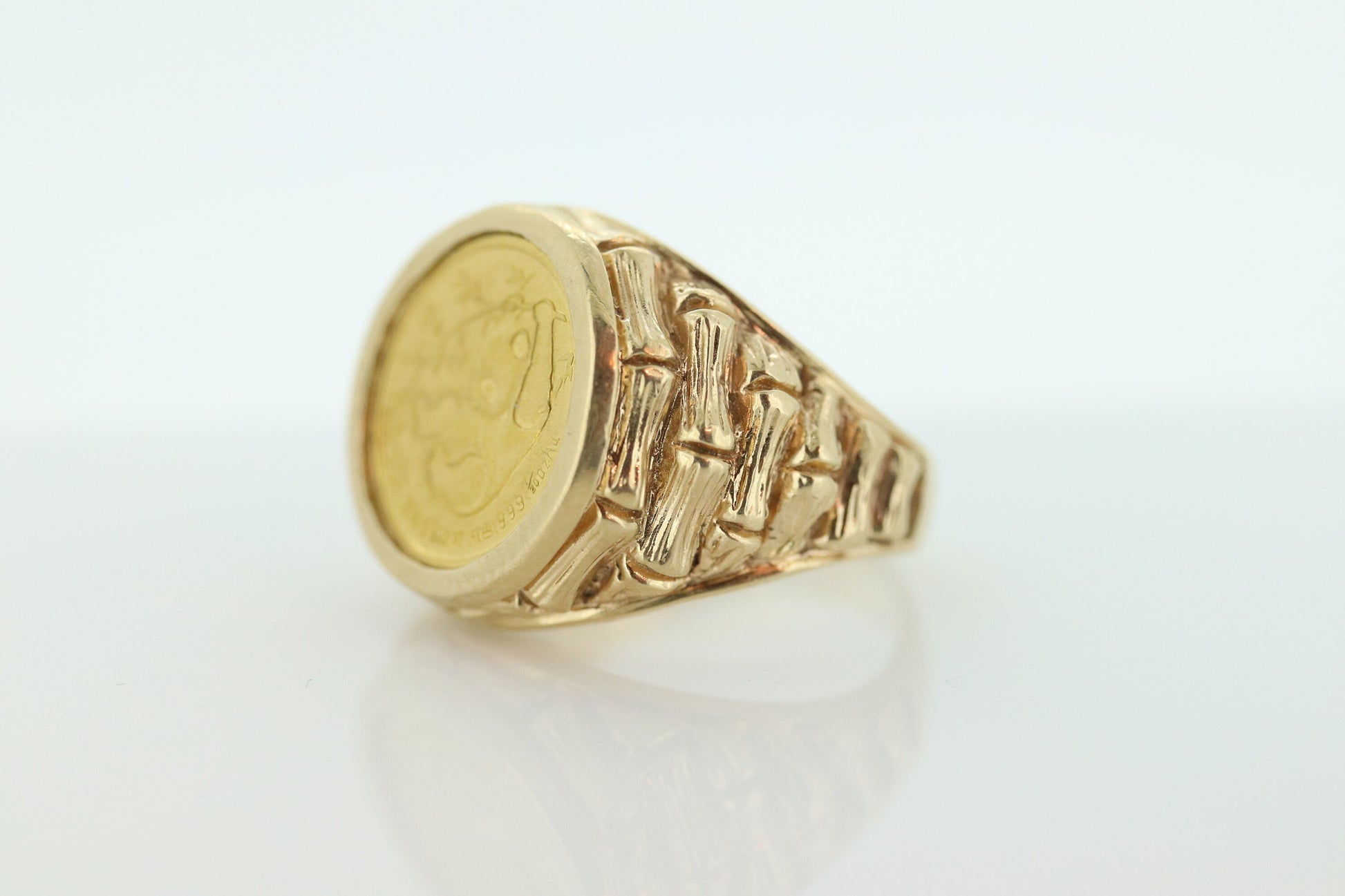 14k Gold BAMBOO ring with a 1985 Panda 1/20 999 Fine 24k Gold Coin Bamboo bezel set. st(414/11)