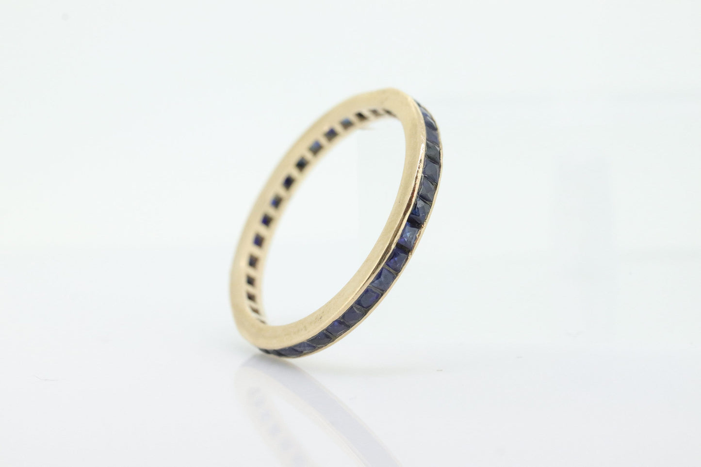 14k Gold BLUE Sapphire Full Eternity Thin Band. Thin Channel Set Princess Sapphire calibre cut Full Eternity band. st(110)