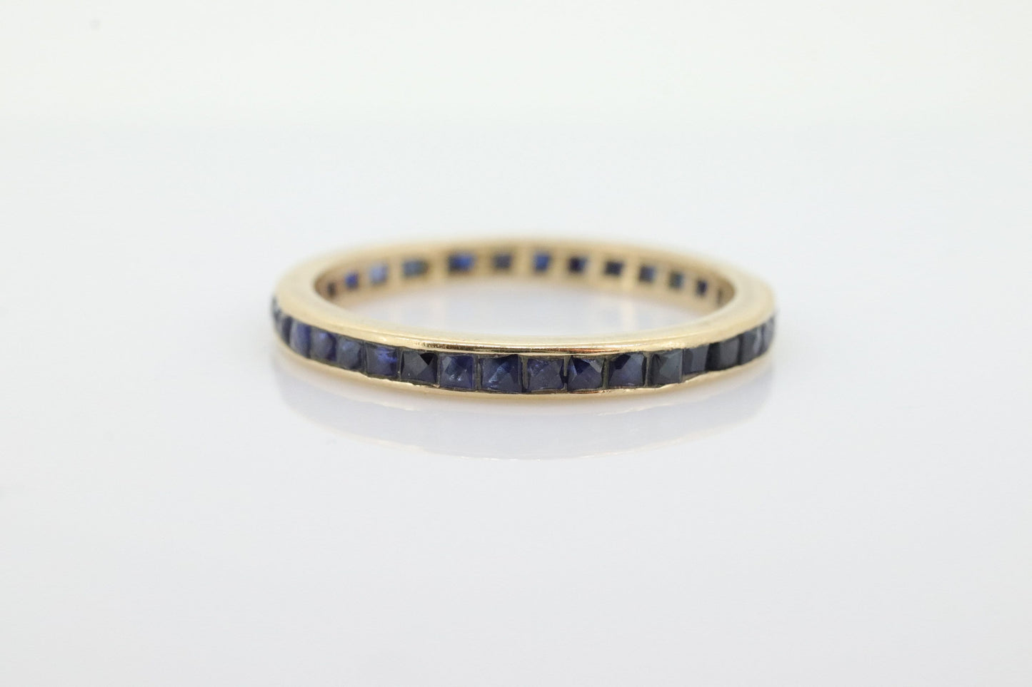 14k Gold BLUE Sapphire Full Eternity Thin Band. Thin Channel Set Princess Sapphire calibre cut Full Eternity band. st(110)