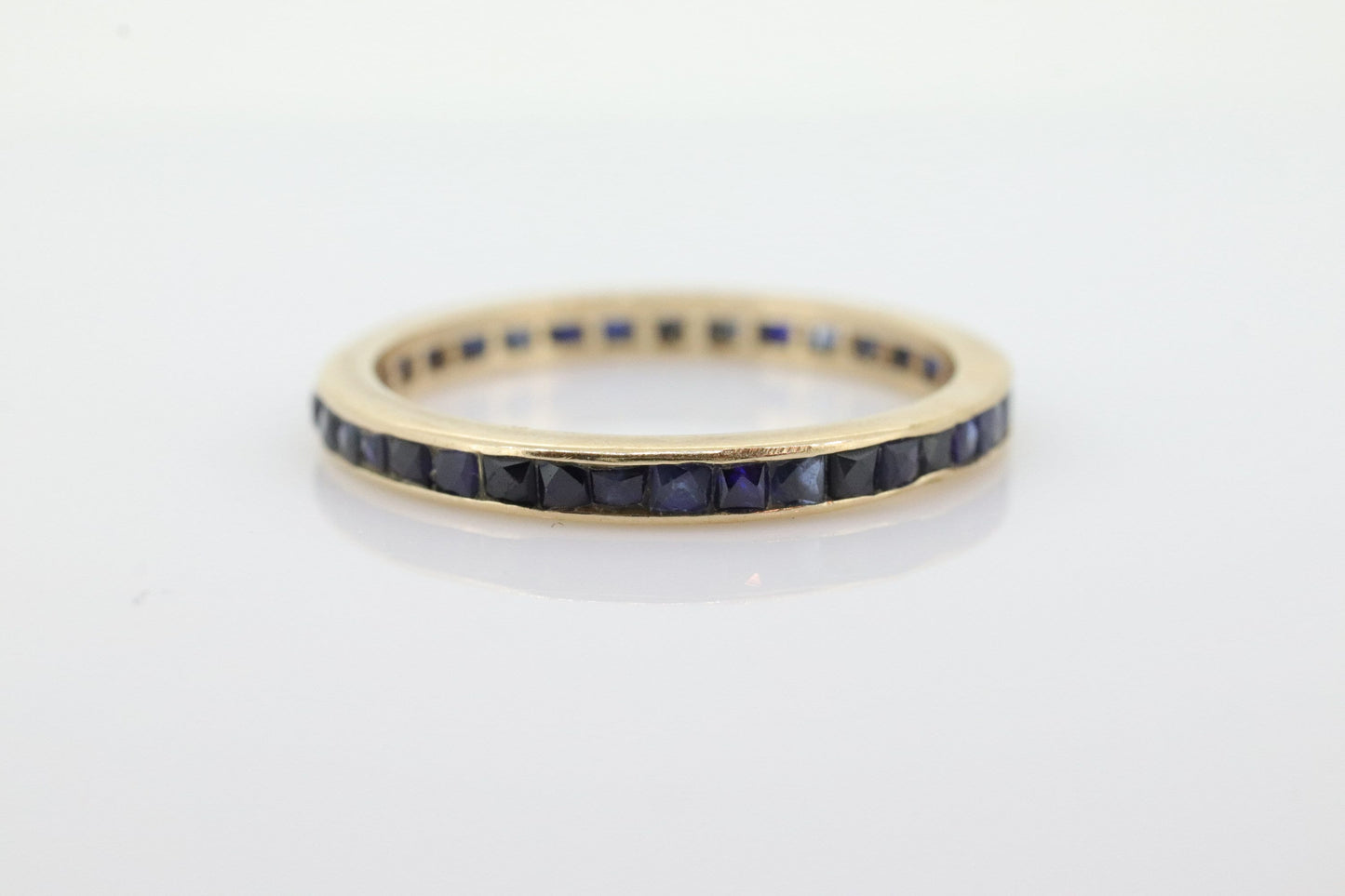 14k Gold BLUE Sapphire Full Eternity Thin Band. Thin Channel Set Princess Sapphire calibre cut Full Eternity band. st(110)