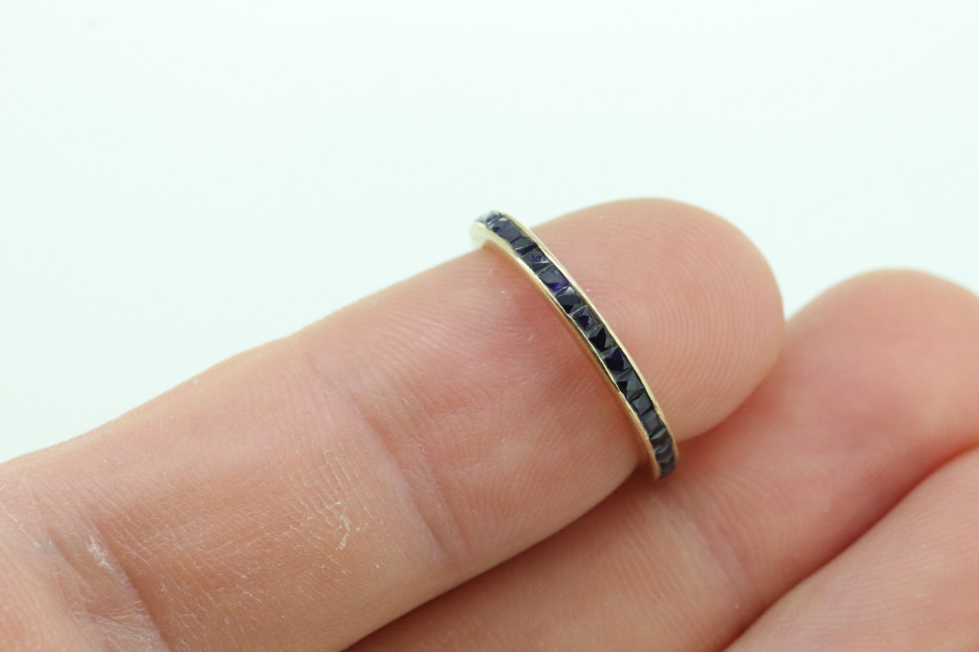 14k Gold BLUE Sapphire Full Eternity Thin Band. Thin Channel Set Princess Sapphire calibre cut Full Eternity band. st(110)