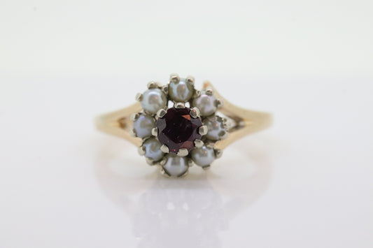 14k Ruby and Pearl Halo ring. Victorian Ruby prong set pearl cluster band. Vintage Ruby Pearl ring. st(70)