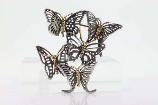 LAGOS Caviar Butterfly Brooch. Sterling Silver 18K Yellow Gold Butterfly Charm  Heavy Pin Brooch. (st71)