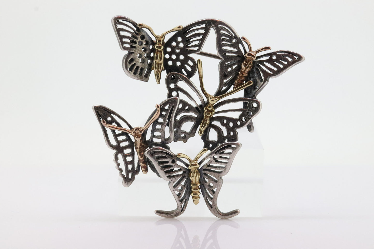 LAGOS Caviar Butterfly Brooch. Sterling Silver 18K Yellow Gold Butterfly Charm  Heavy Pin Brooch. (st71)