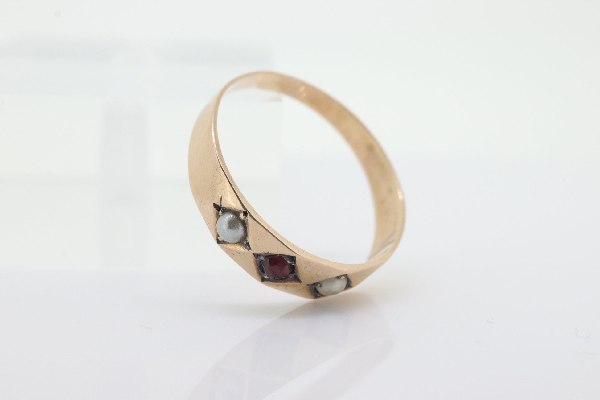 Antique Garnet and Pearl seed Star bezel set ring. Garnet Gypsy setting star wide anniversary band.  st(130)