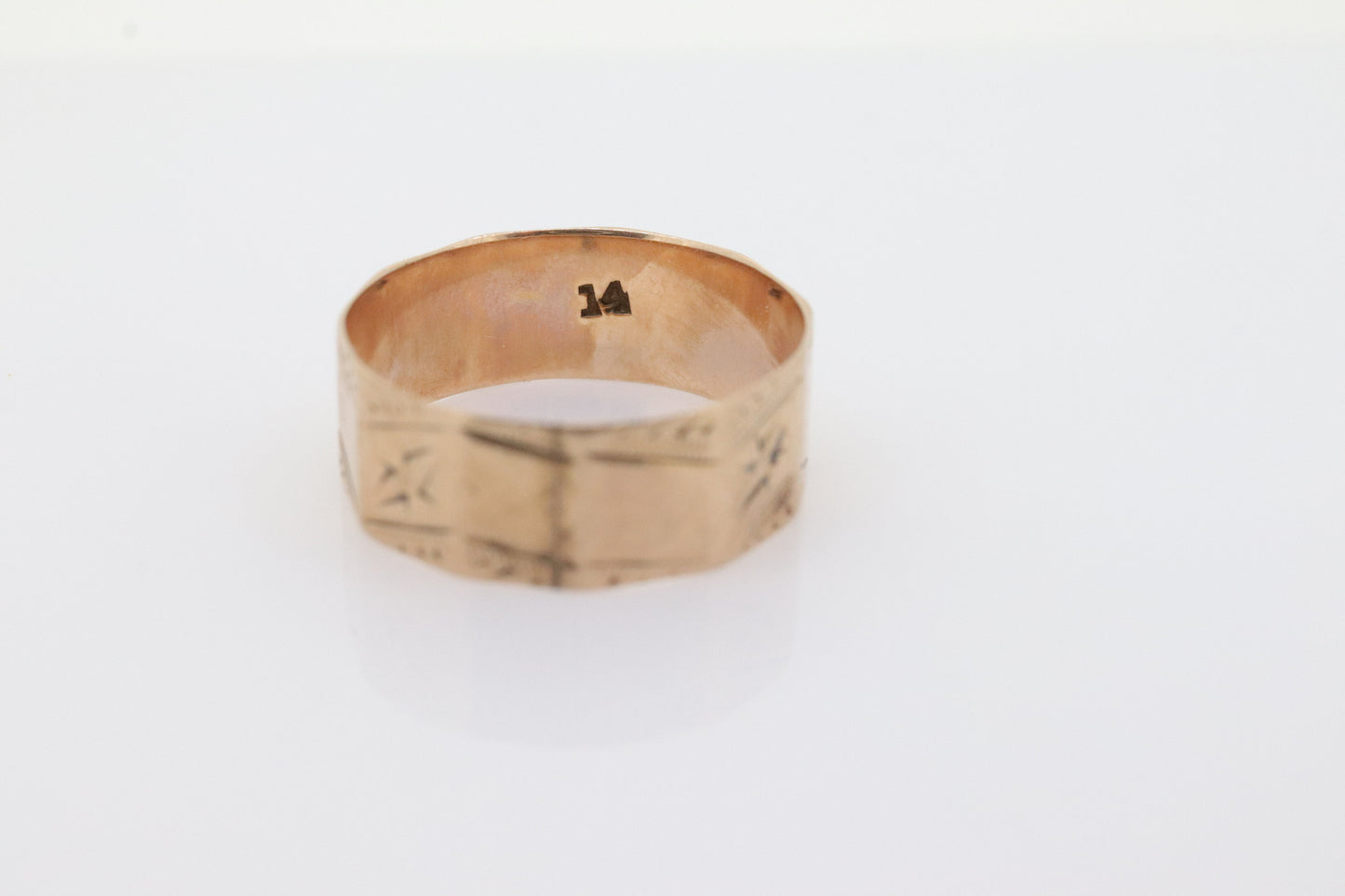 14k Wide LEAF Ornate engraved band. 14k Rose Gold  Vintage Victorian Cigar band leaf design. 6mm sz4 st(100)