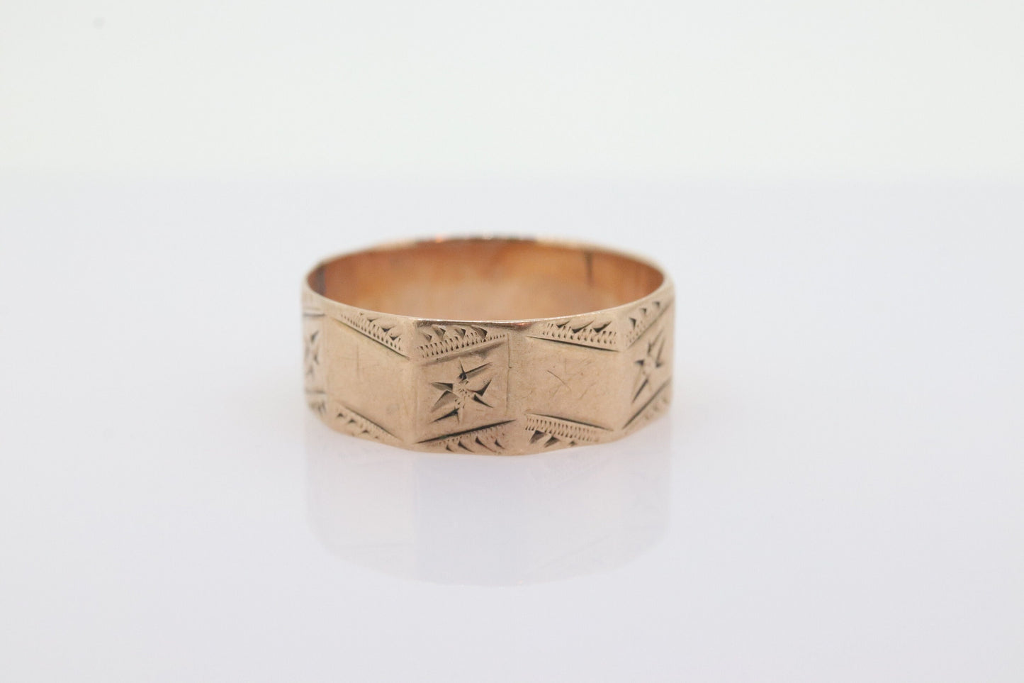 14k Wide LEAF Ornate engraved band. 14k Rose Gold  Vintage Victorian Cigar band leaf design. 6mm sz4 st(100)