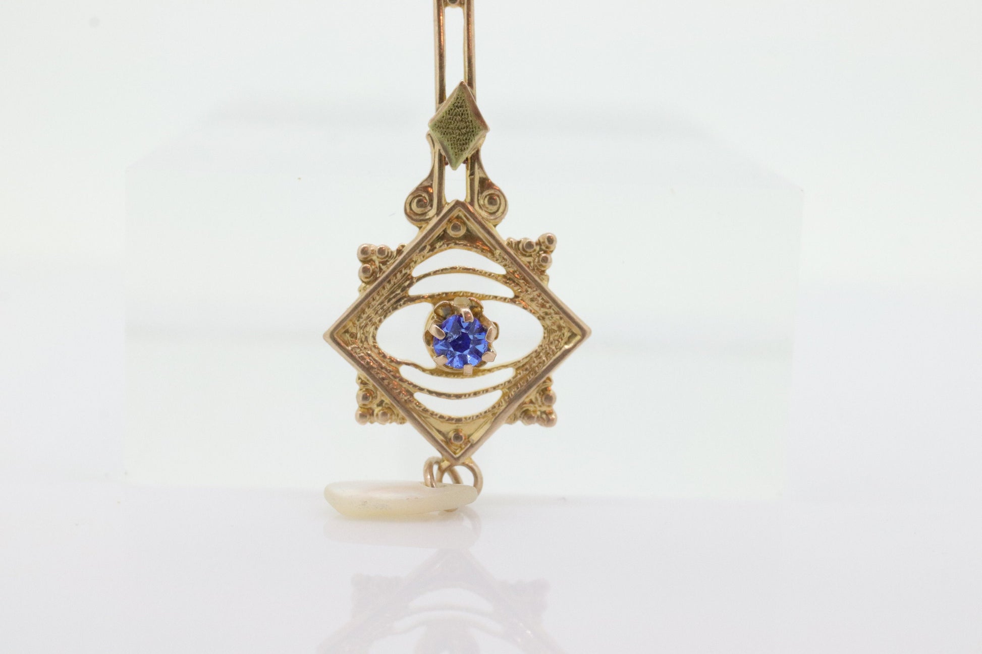 Art Nouveau Sapphire and Pearl seed Buttercup 10k gold Lavaliere st(80)