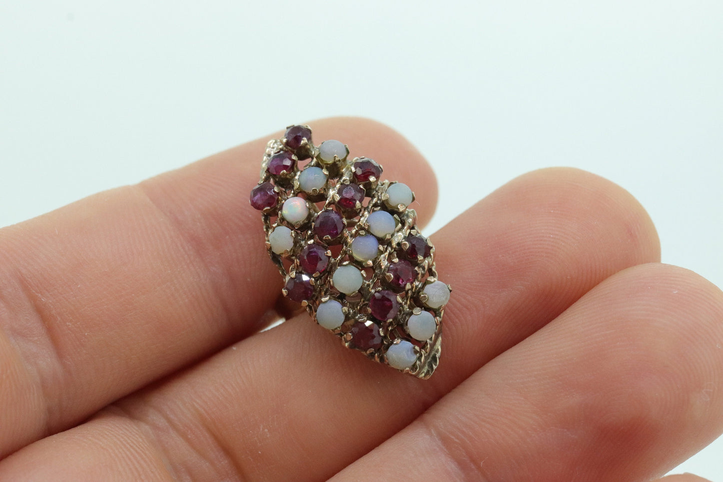 10k Victorian Opal and Garnet Cluster ring. 10k Yellow Gold with Claw set opal Garnet Marquise Antique cluster st(90)