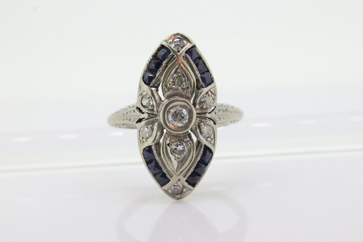 Antique Shield daisy ring. 18k diamond and sapphire shield ring. 18k Art Deco  diamond filigree signet flower ring. st(245)