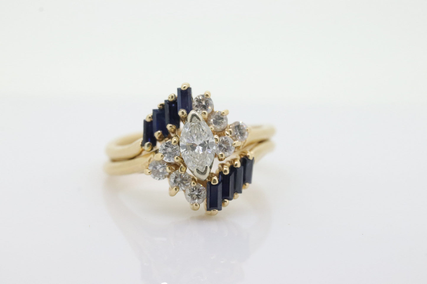 14k Marquise Diamond Solitaire with Sapphire Ring with Jacket. AVIV 14k Diamond Engagement Wedding Ring Set with enhancer (st130)