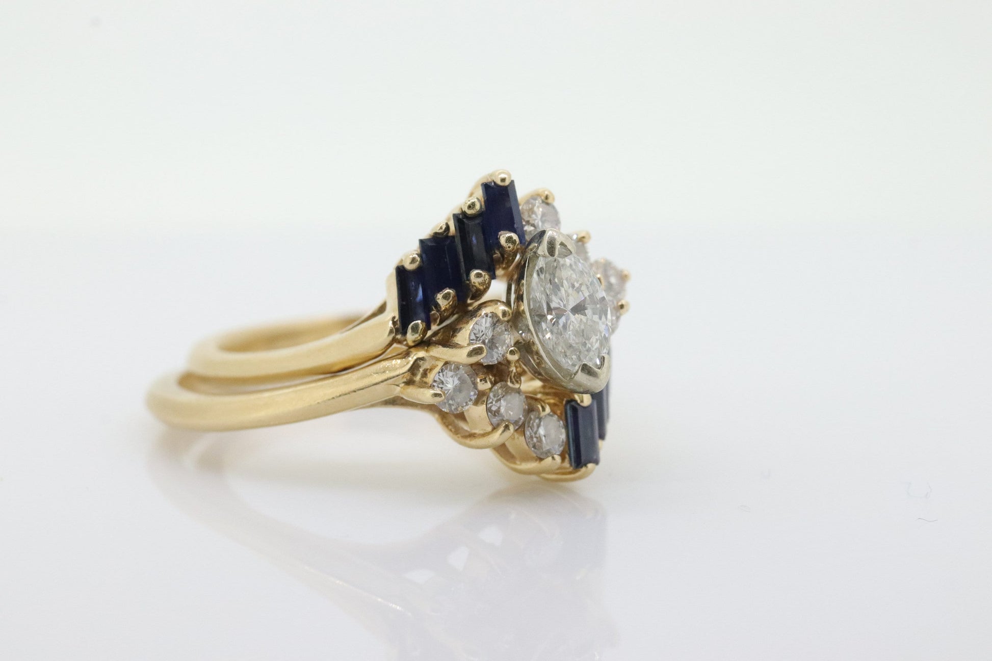 14k Marquise Diamond Solitaire with Sapphire Ring with Jacket. AVIV 14k Diamond Engagement Wedding Ring Set with enhancer (st130)