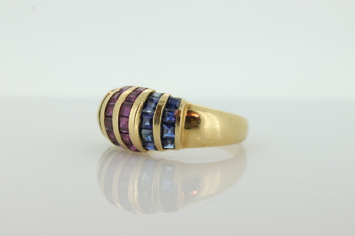 18k Emerald Ruby SAPPHIRE Bombe Dome band. 18k Yellow Gold Princess Channel set round Bombe Dome ring. st(196)