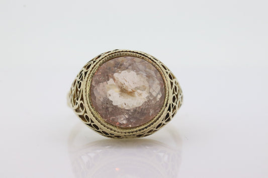 Antique 14k Gold Art Deco Morganite ring. Natural Morganite bezel set filigree ring. st(105)