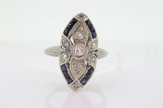 Antique Shield daisy ring. 18k diamond and sapphire shield ring. 18k Art Deco  diamond filigree signet flower ring. st(245)