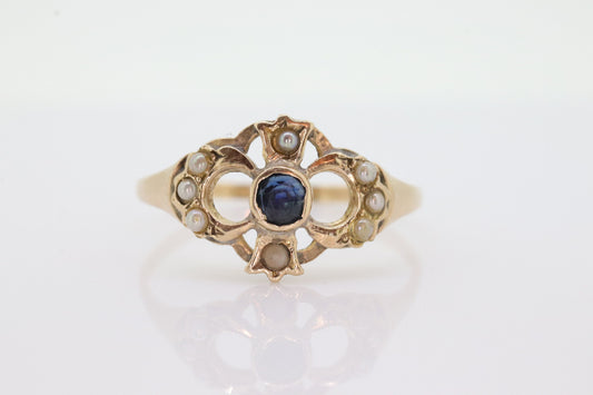 Antique Sapphire pearl bubble ring. Crown Tiara Sapphire pearl seed. 14k Filigree Open ring. st(105)