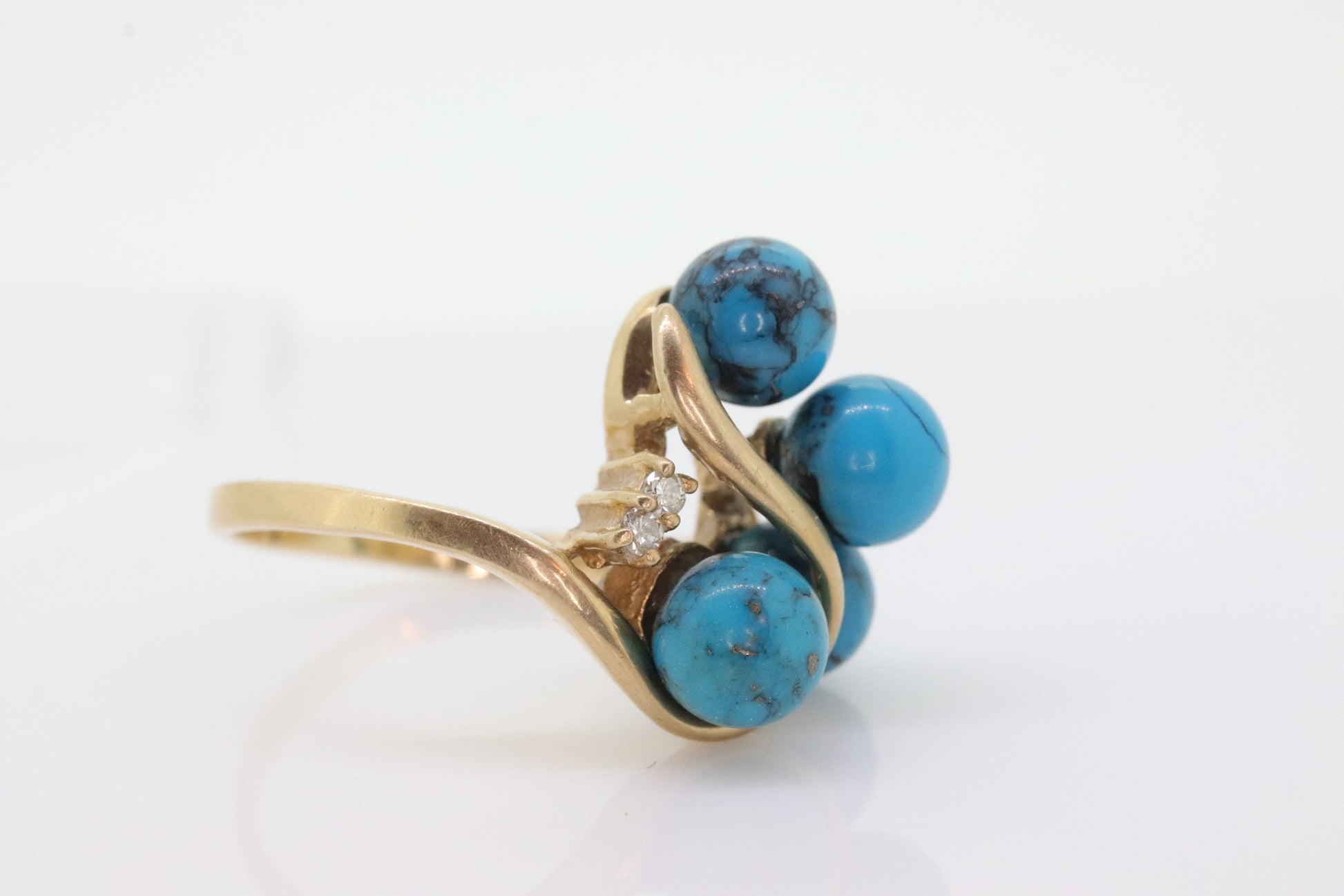 14k Turquoise Diamond cluster ring. Bypass Turquoise Bead Sphere Ball cluster set ring st(82/50)