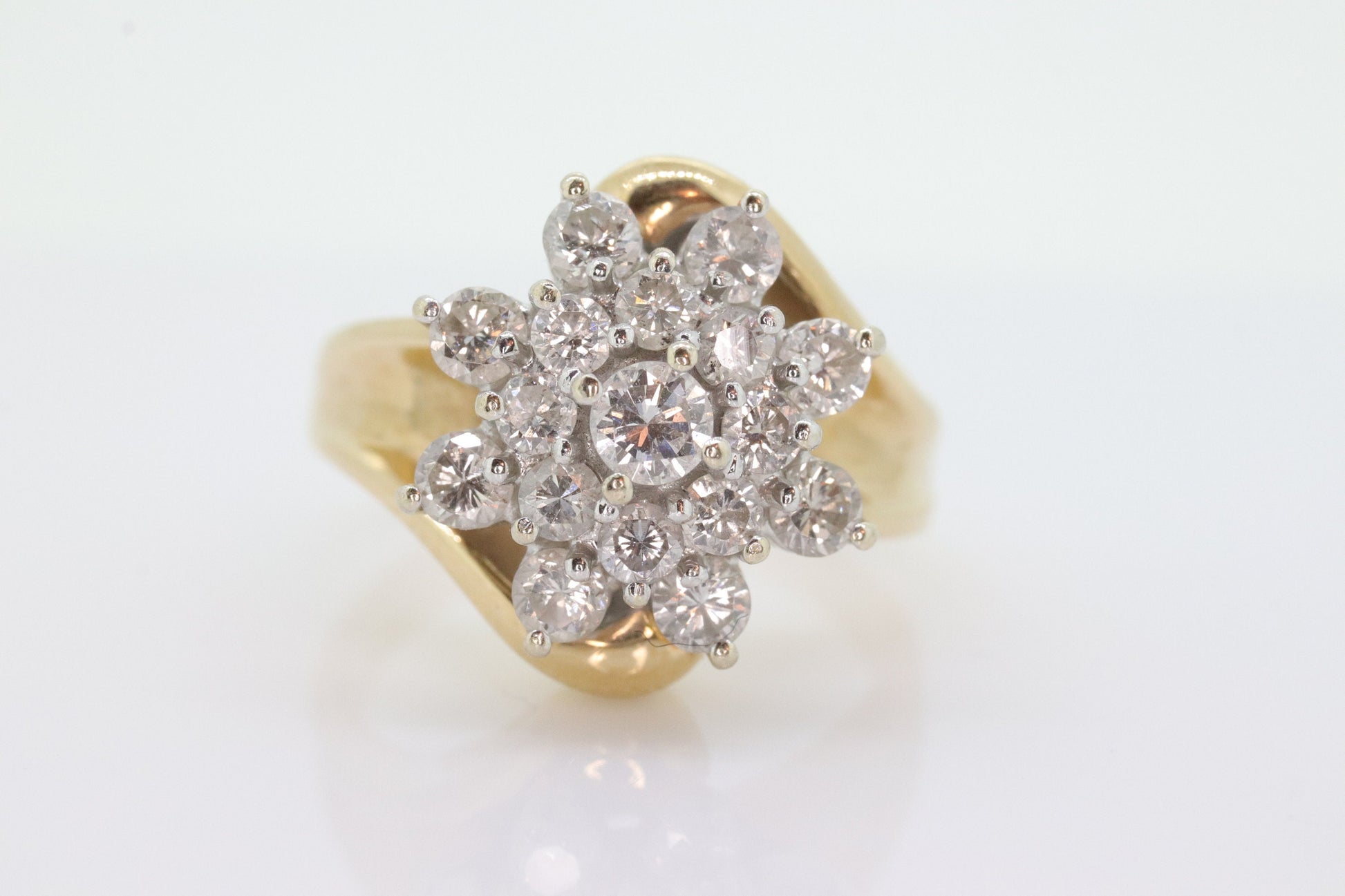 14k Yellow Gold Bypass daisy Ring. Round Diamond 1ctw Snowflake Cluster Ring. Waterfall diamond. 1ctw diamonds st(2-81/75)