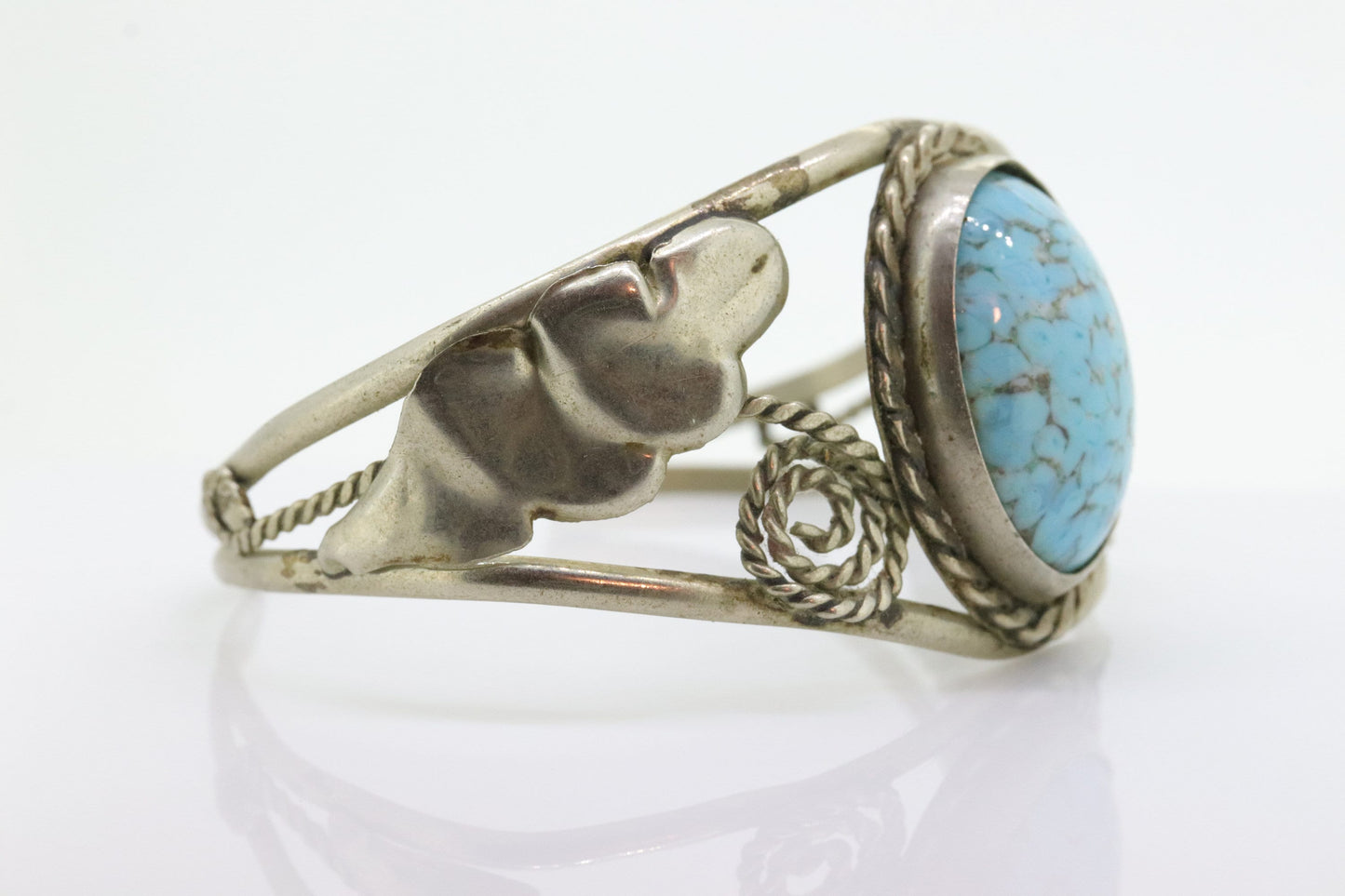 Large Turquoise Bangle Cuff Bracelet. Sterling Silver Turquoise Tribal Bangle. Open scroll work. st(46/11)