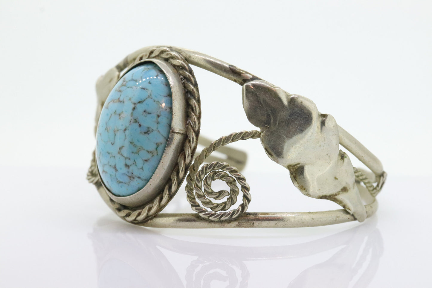 Large Turquoise Bangle Cuff Bracelet. Sterling Silver Turquoise Tribal Bangle. Open scroll work. st(46/11)