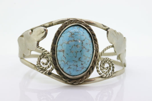 Large Turquoise Bangle Cuff Bracelet. Sterling Silver Turquoise Tribal Bangle. Open scroll work. st(46/11)