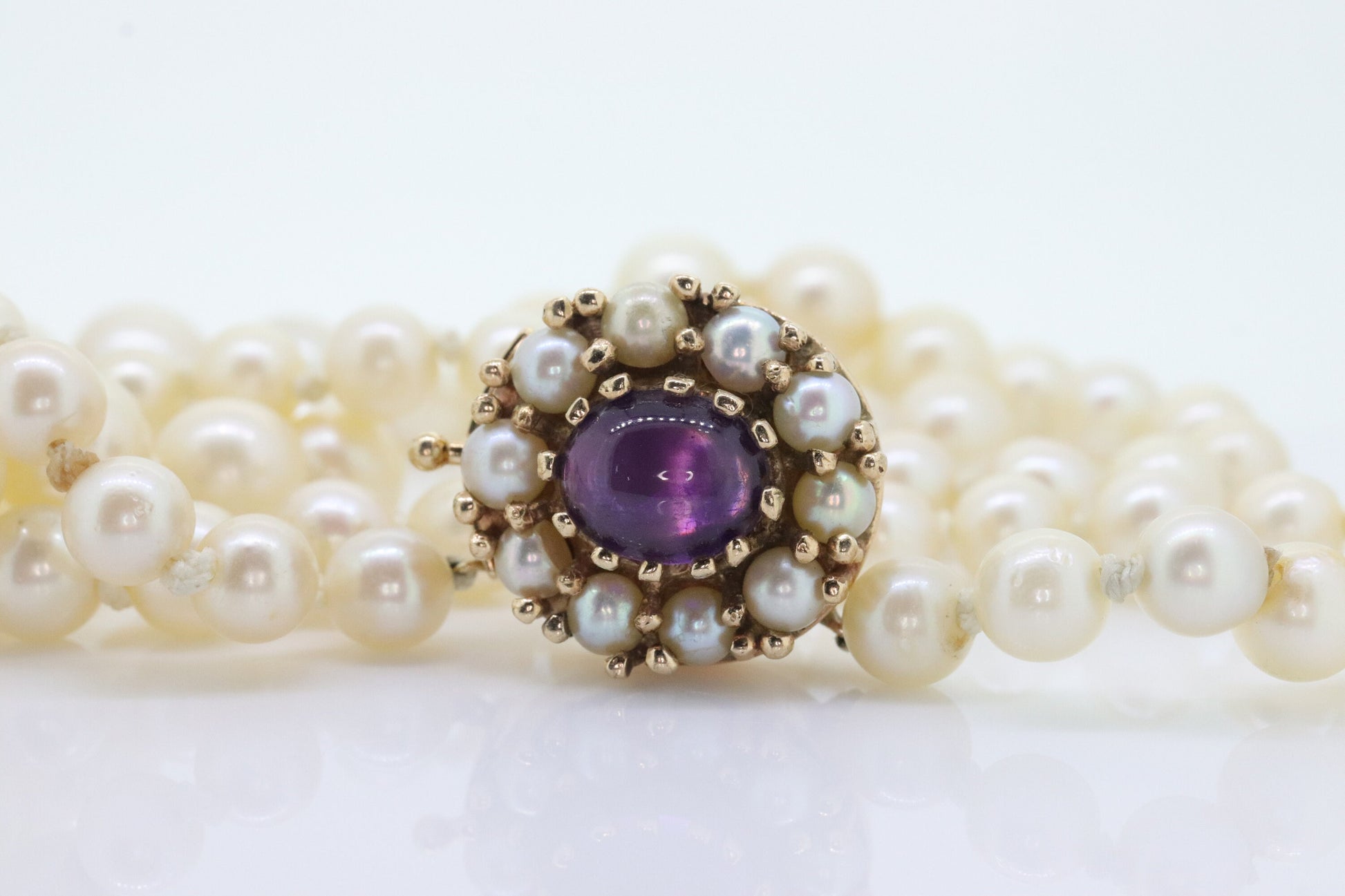 Victorian 6mm-10mm Pearl necklace with Amethyst and pearl seed 14k clasp. 24in