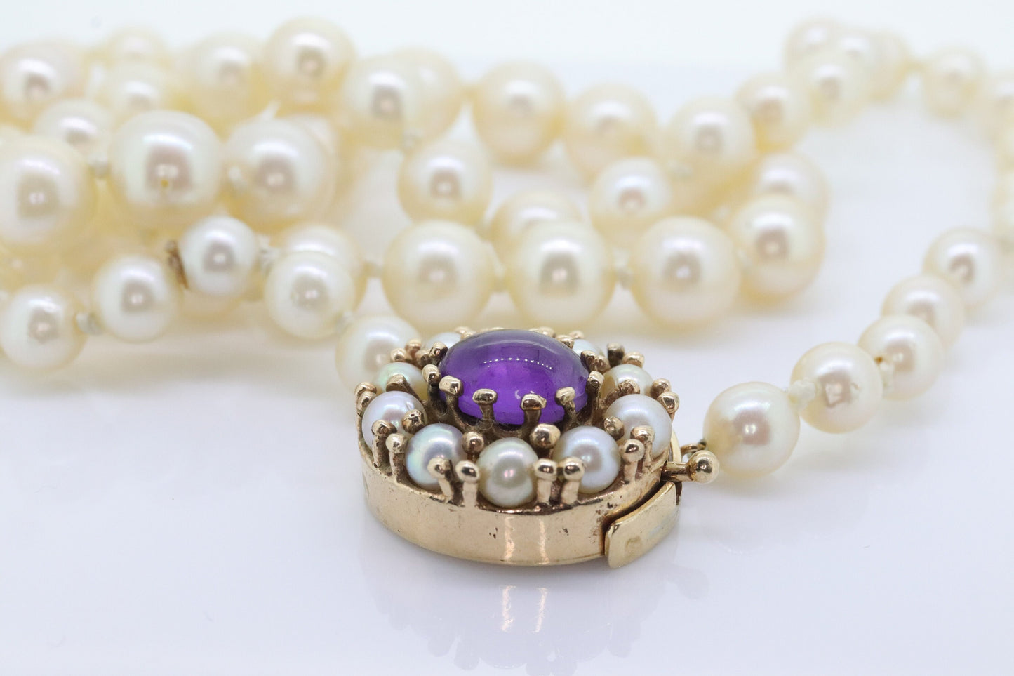 Victorian 6mm-10mm Pearl necklace with Amethyst and pearl seed 14k clasp. 24in