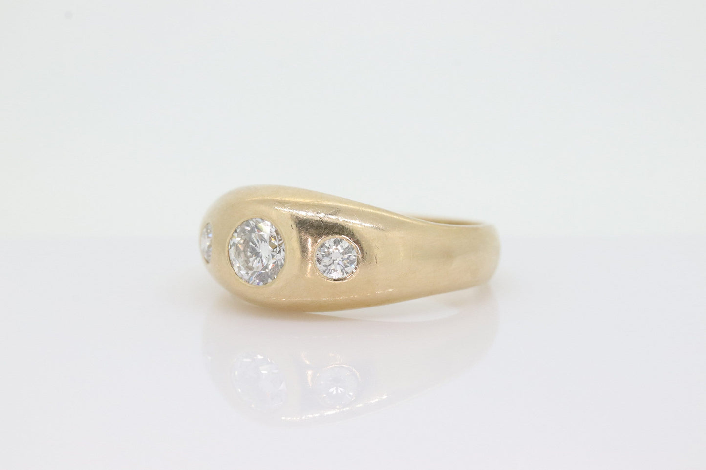 Antique 14k Triple Diamond 1ctw ring. Gypsy Diamond bezel set into Signet band. 14k Yellow Gold Anniversary Three stone band ring st(455)