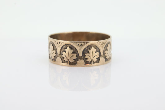 Antique 10k Wide Cigar Embossed band. Antique Cigar Rose Gold Vintage Embossed Maple Oak Leaf design. 7mm sz7.75 st(121)