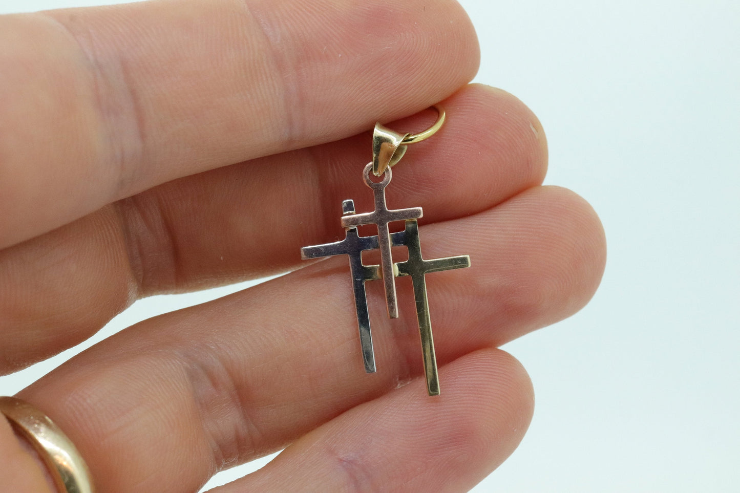 10k Gold Cross Crucifix . Triple Three Cross Golgotha Pendant. 10k Rose White Yellow Gold Cross pendant. st(42)