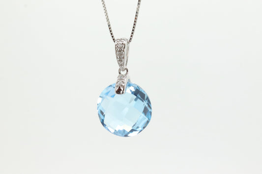 14k Blue TOPAZ and diamond Pendant. High quality drop CANDY pendant piece. Italian RCI. 14k Box Chain Necklace. st(100)