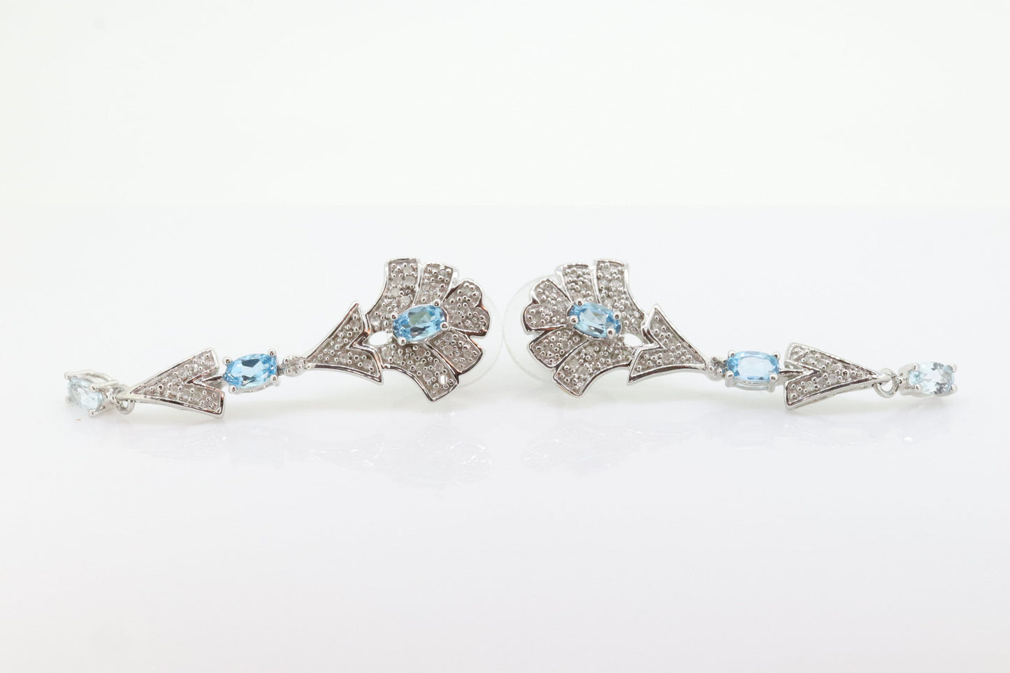 14k Blue TOPAZ and Diamond Dangle earrings. Blue Topaz Princess Earrings. 14k Chandelier Earrings. Lavalier st(142)