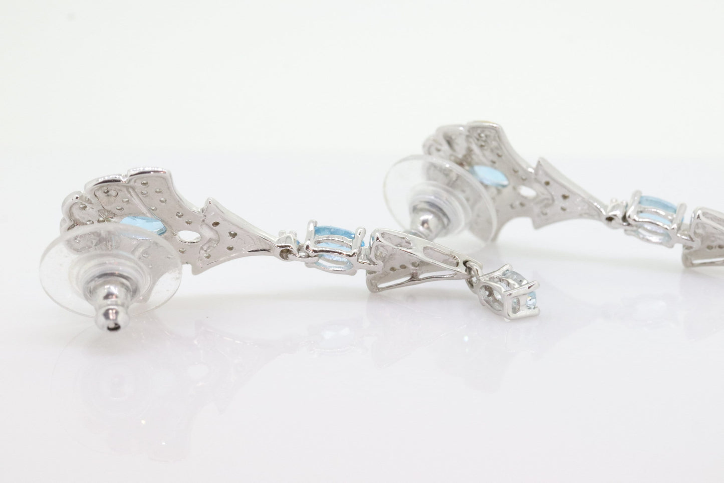 14k Blue TOPAZ and Diamond Dangle earrings. Blue Topaz Princess Earrings. 14k Chandelier Earrings. Lavalier st(142)