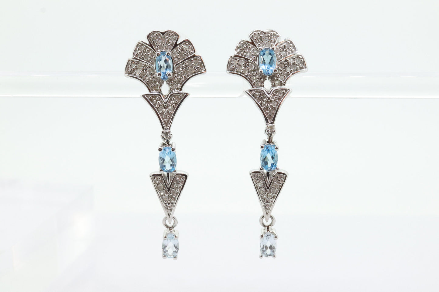 14k Blue TOPAZ and Diamond Dangle earrings. Blue Topaz Princess Earrings. 14k Chandelier Earrings. Lavalier st(142)