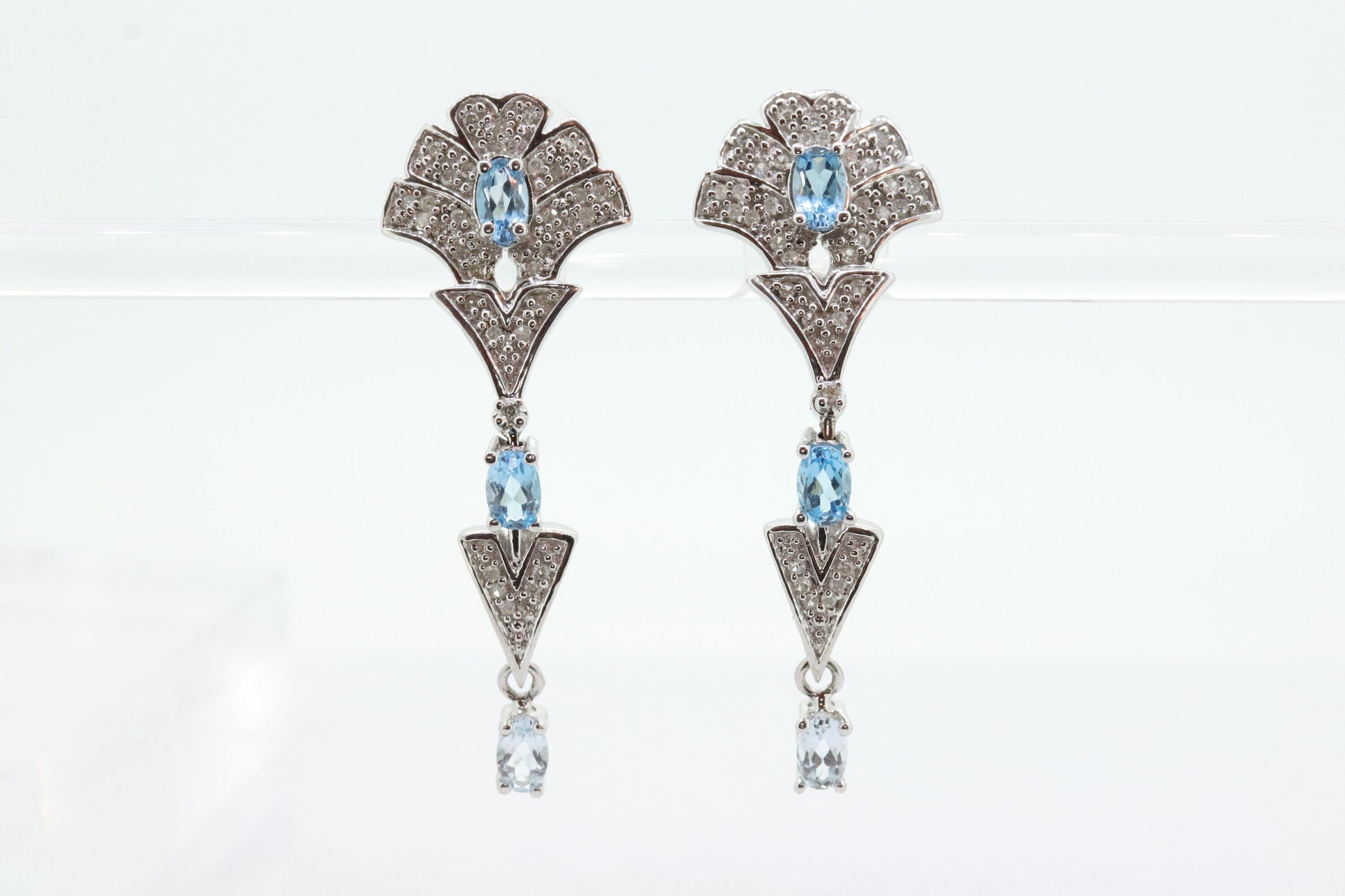 14k Blue TOPAZ and Diamond Dangle earrings. Blue Topaz Princess Earrings. 14k Chandelier Earrings. Lavalier st(142)