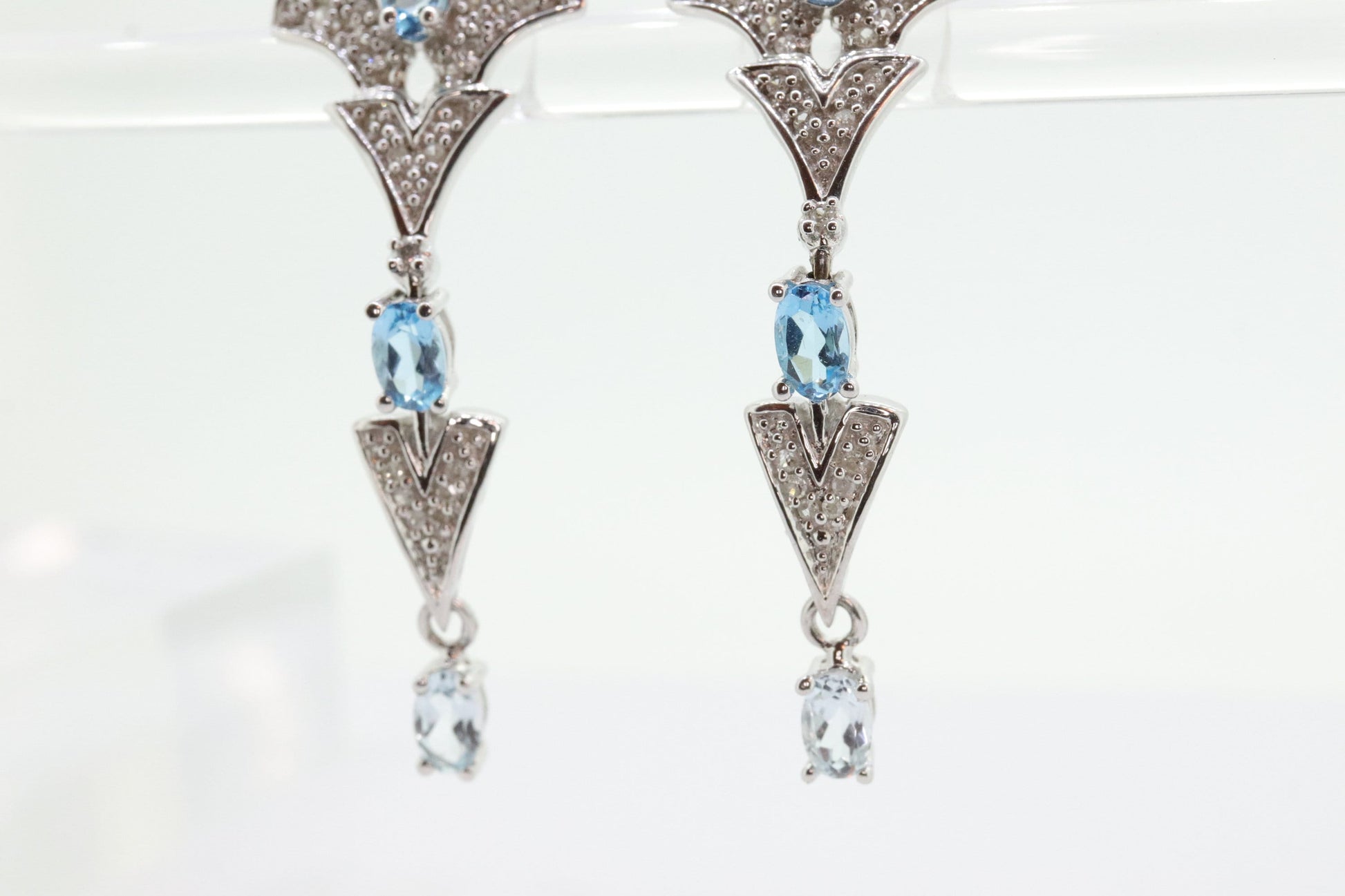 14k Blue TOPAZ and Diamond Dangle earrings. Blue Topaz Princess Earrings. 14k Chandelier Earrings. Lavalier st(142)