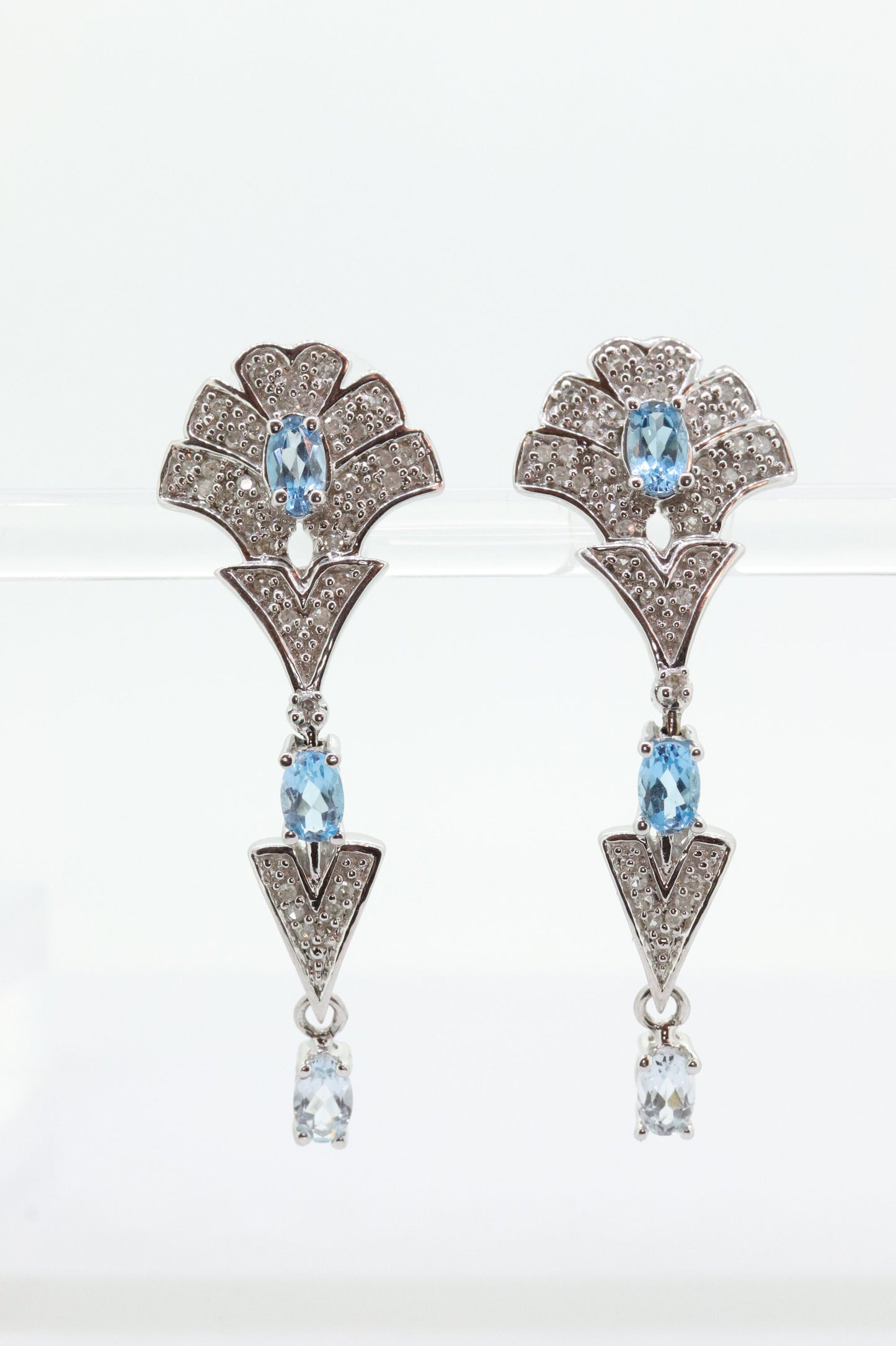 14k Blue TOPAZ and Diamond Dangle earrings. Blue Topaz Princess Earrings. 14k Chandelier Earrings. Lavalier st(142)