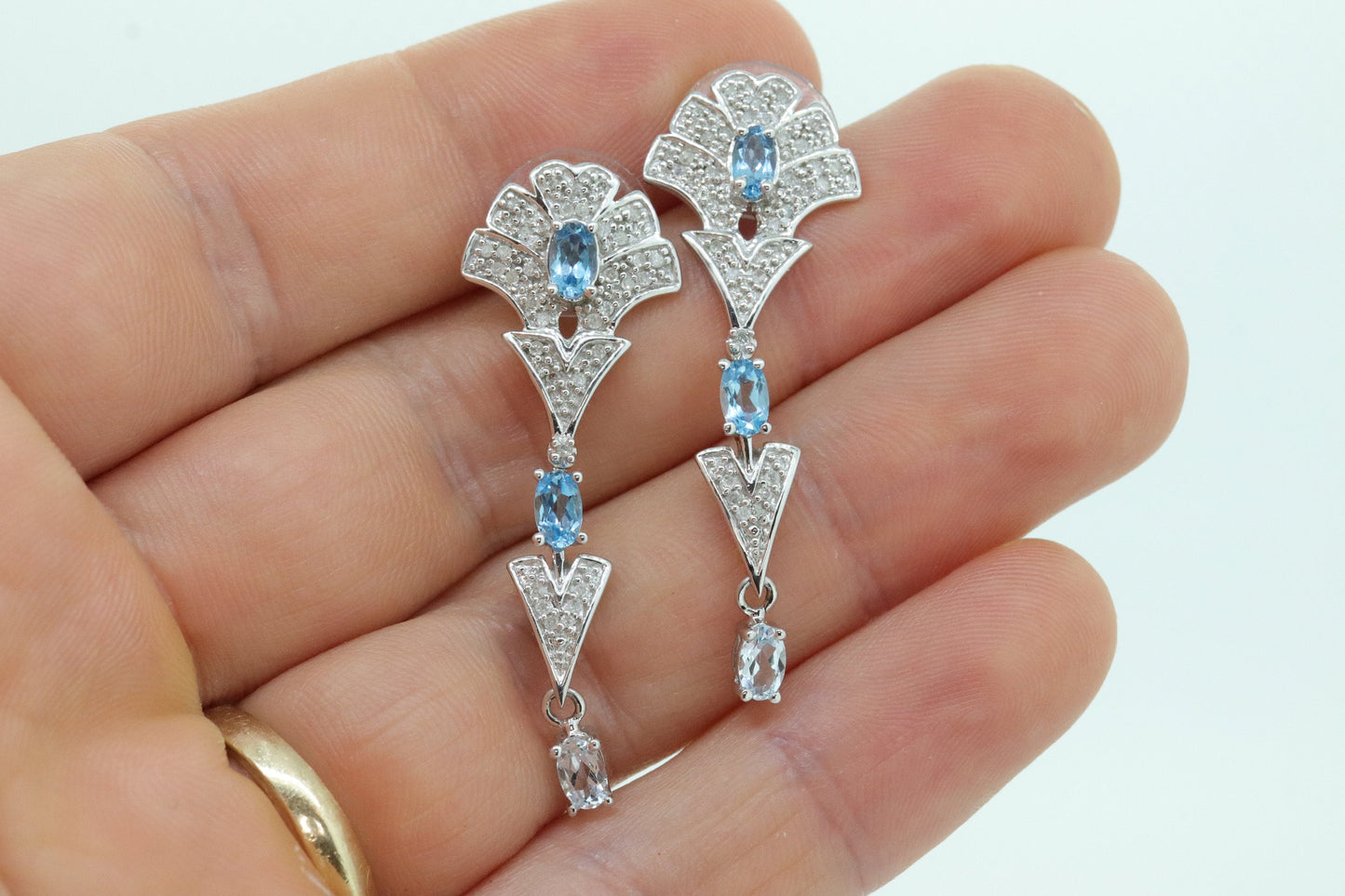 14k Blue TOPAZ and Diamond Dangle earrings. Blue Topaz Princess Earrings. 14k Chandelier Earrings. Lavalier st(142)