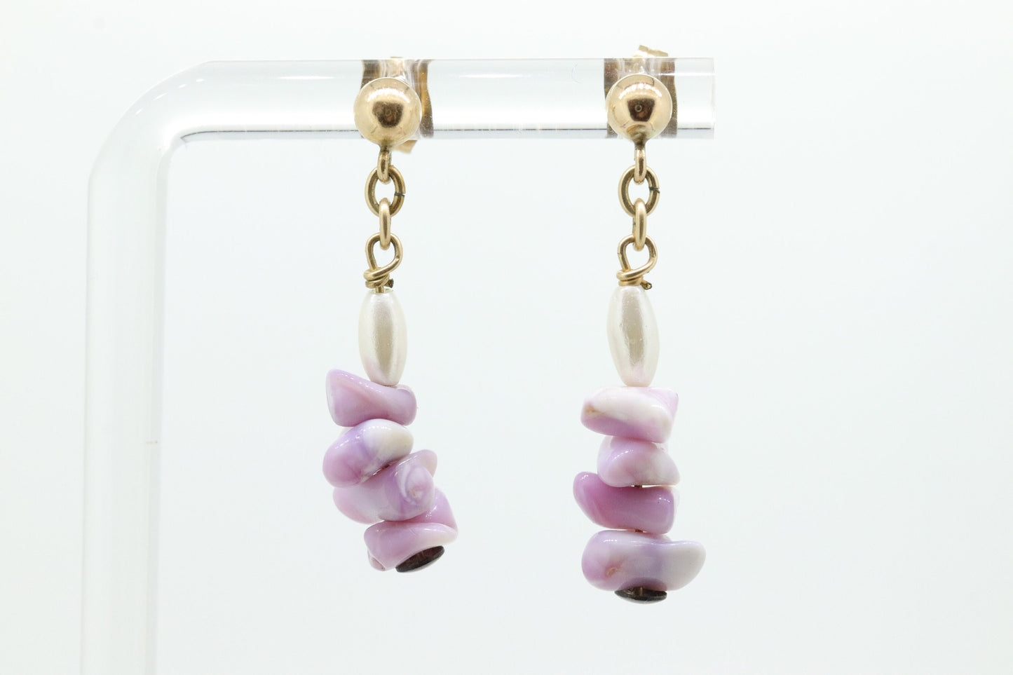 14k Gold dangle drop Shell Earrings. Pearl Purple Shell Drop bead earrings. Seashell earrings st(20)