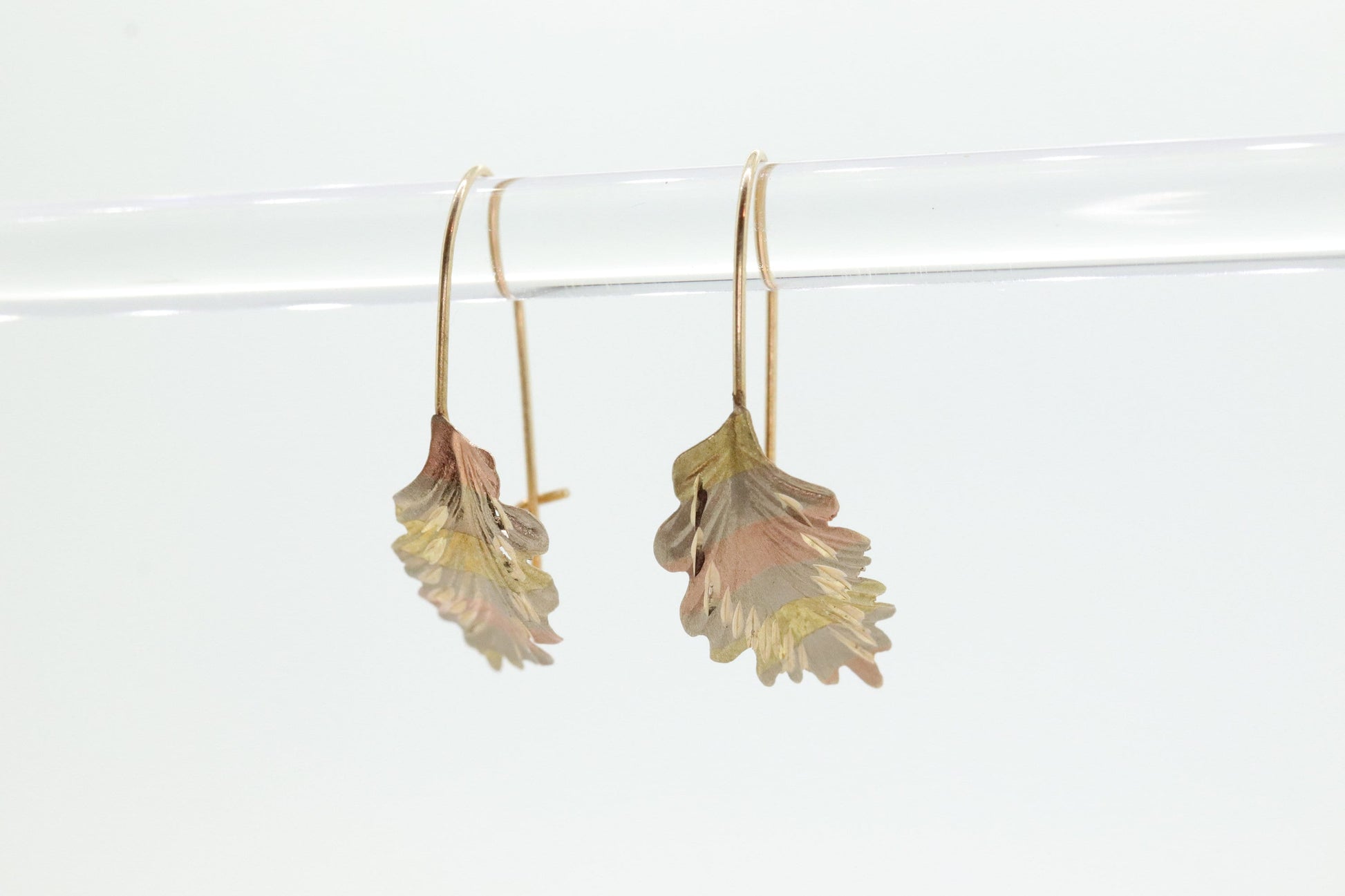 14k Yellow White Rose Gold Dangle Drop Earrings. Leaf Textured Earrings Diamond Cut. st(21)